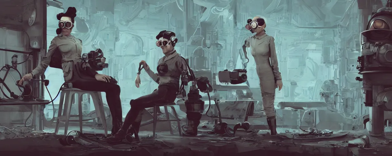 Prompt: illustration 3 / 4 portrait of stoic heroic emotionless butch blonde woman engineer with short slicked - back hair, wearing victorian goggles, no makeup, awkward and uncomfortable and anxious, dirty, dynamic composition by sergey kolesov. industrial space program, scifi, hyper detailed. octane render. concept art. trending on artstation