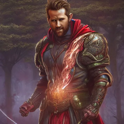 Prompt: ryan reynolds wearing wizard robes leans against a magical tree romance novel fantasy artwork epic detailed and intricate digital painting trending on artstation by wlop octane render