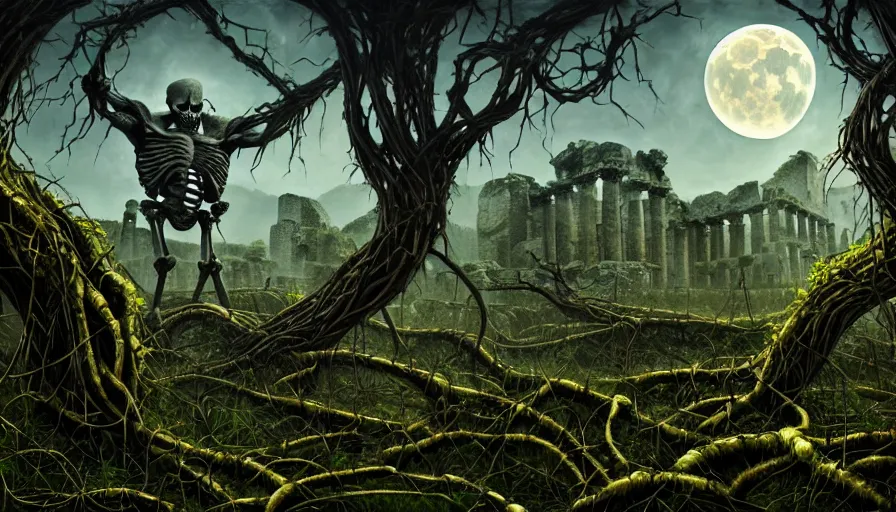 Prompt: giant monster skeleton in ancient ruins, vines, forest, hyperrealistic, highly detailed, cinematic, single ray of moon, dark sky, beautiful, cgssociety, artstation, 8 k, oil painting