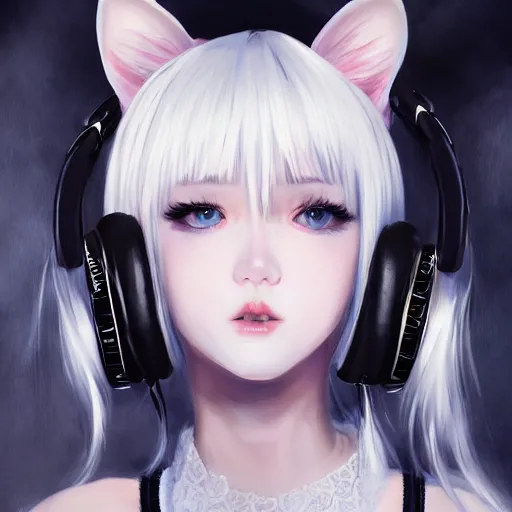 Image similar to realistic teasing detailed semirealism beautiful gorgeous cute Blackpink Lalisa Manoban white hair white cat ears blue eyes, wearing black camisole outfit, headphones, black leather choker full HD 4K high resolution quality WLOP, Aztodio, Taejune Kim, Guweiz, Pixiv, Instagram, Artstation