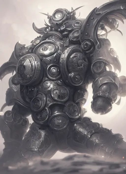 Image similar to a highly detailed illustration of silver gear mechanical giant, with big glowing cute eyes, gentle calm sitting pose, intricate, elegant, highly detailed, centered, digital painting, artstation, concept art, smooth, sharp focus, league of legends concept art, WLOP