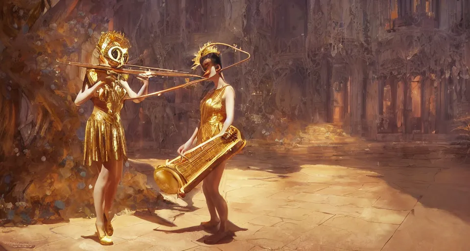 Image similar to craig mullins and ghibli digital art of a masked female violinist, dressed in exotic costumes, gold jewelry and dark hair, performs alone on a huge stage ， unreal engine, hyper realism, realistic shading, cinematic composition, realistic render, octane render, detailed textures, photorealistic, wide shot