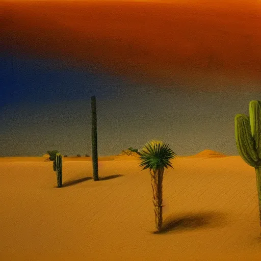 Prompt: a painting of oasis in desert, dramatic lighting, wind