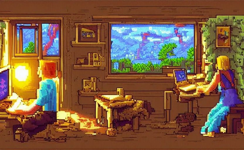 Image similar to 16-bit Pixel-art. Trending on artstation. Slice-of-life genre art. Fantastic colors and lighting by James Gurney and artgerm. Screenshot of Music to chill/study to youtube video. Character sitting and relaxing in front of their work desk in their cozy room as a peaceful scene is seen through the room's window.
