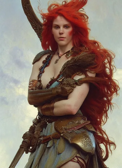 Image similar to face matte portrait of a beautiful red haired valkyrie in a heroic pose and wearing thick bronze plate armo art by albert bierstadt, alphonse mucha, andreas rocha, greg rutkowski, sharp edges. ultra clear detailed. 8 k. elegant. octane render