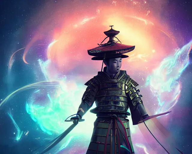 Image similar to a graceful samurai made of a illuminated star chart running through a space nebula by greg rutkowski, high key lighting, volumetric light, digital art, highly detailed, fine detail, intricate, ornate, complex, octane render, unreal engine, photorealistic