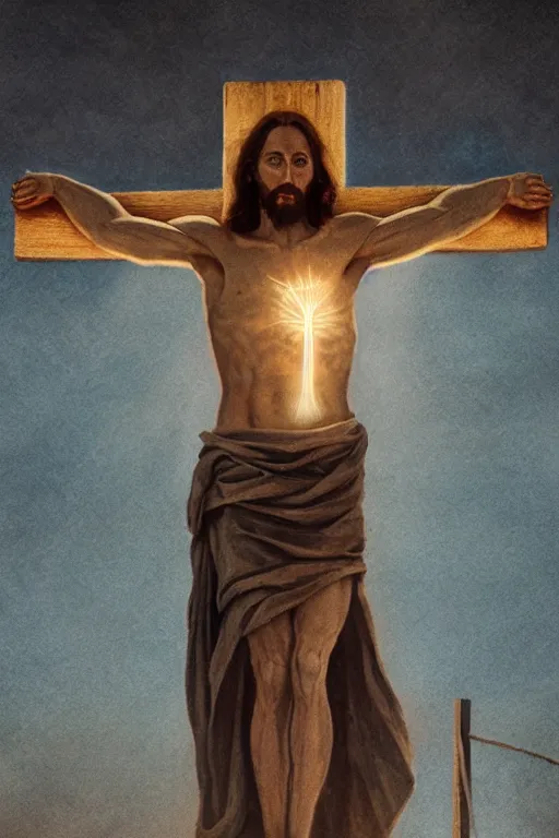 Image similar to jesus christ crucified and a light coming out of his chest, 8 k, hdr, great light, by greg rutkowski and annie leibowitz