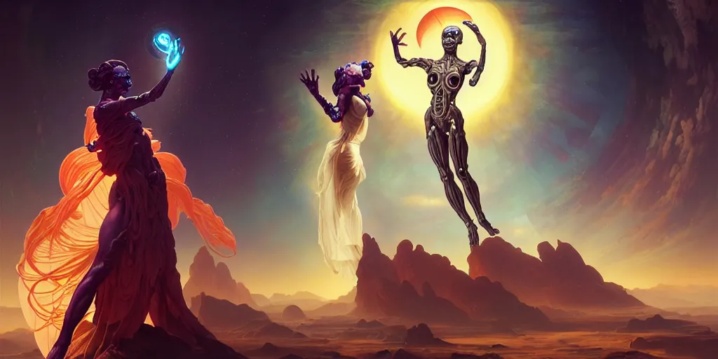 Image similar to the creation of adam, ultra detailed female android deity, scifi, octane render, ( dia de los muertos ), matte painting, asymmetrical, intricate concept art, triadic color scheme, art by artgerm and michelangelo and dzo and greg rutkowski and alphonse mucha and wlop