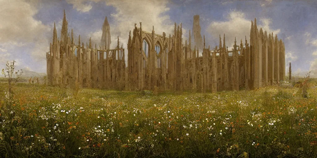 Prompt: a recursive cathedral made of marble within a wildflower meadow at dawn, in the style of alma tadema