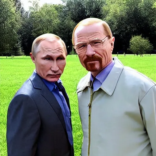 Prompt: walter white and putin in the park, putin looks at camera