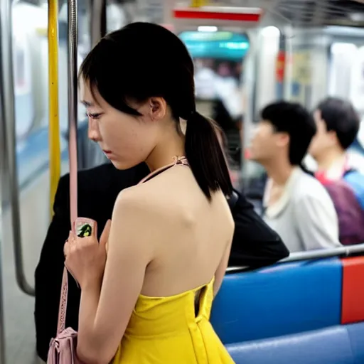 Image similar to a chinese girl with backless dress in the subway train