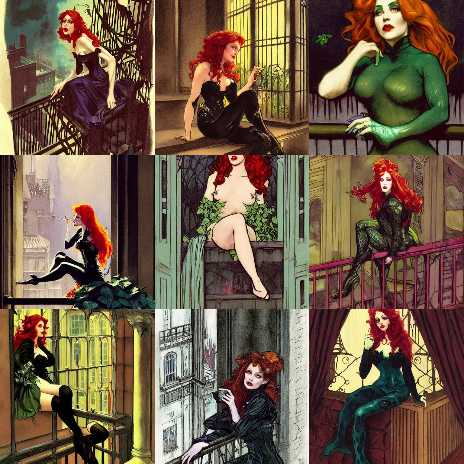 Prompt: character portrait of poison ivy sitting down on a fire escape drinking coffee in gothic london, gothic, john singer sargent, muted colors, moody colors, illustration, digital illustration, amazing values, art by j. c. leyendecker, joseph christian leyendecker, william - adolphe bouguerea, graphic style, dramatic lighting, gothic lighting