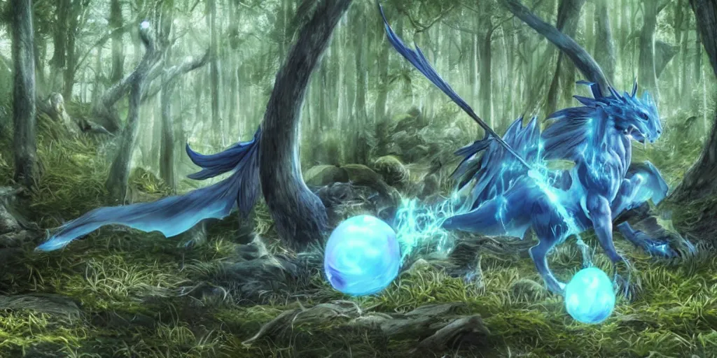 Image similar to Eragon is in the forest with his bow on his back, he finds a blue dragon egg, anime style