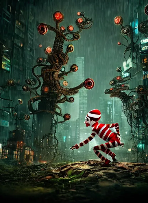 Image similar to intricate Waldo from Where's Waldo, being eaten by a spider, on the background of a weird magical mechanical forest. Very detailed 8k. Fantasy cyberpunk horror. Sharp. Cinematic post-processing