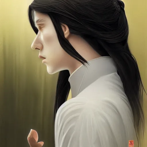 Prompt: a portrait of a young beautiful prince, golden eyes, long black hair, white hanfu, elegant, intricate, backlit, incredible lighting, strong rim light, subsurface scattering, photorealistic, epic beautiful landscape, cherry trees, highly detailed, digital painting, by Heise Jinyao, Heise-Lian Yan Fang, Feimo, Rossdraws, Sakimichan, HDRI, vivid colors, high contrast, 8k