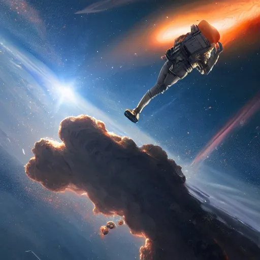 Image similar to burning incinerating 2 0 4 0 astronaut falling through the majestic clouds of jupiter, by cedric peyravernay and feng zhu, highly detailed, excellent composition, cinematic concept art, dramatic lighting, trending on artstation