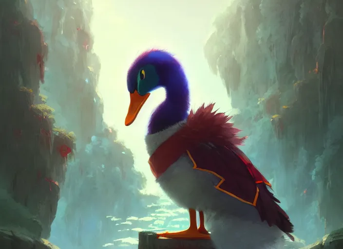 Prompt: cute fluffy mallard duck wearing red cultist robe, details, fantasy, epic, ancient sacrificial altar, landscape illustration concept art anime key visual trending pixiv fanbox by wlop and greg rutkowski and makoto shinkai and studio ghibli and kyoto animation symmetrical facial features