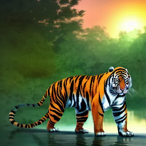 Image similar to bipedal tiger in a bandit costume standing in swamp water gazing at the sunset, fantasy, cinematic, studio ghibli, wide shot, dramatic lighting, dynamic, ultra realistic, ultra detailed, 8 k, thin line work, trending on artstation