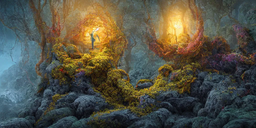 Image similar to Photorealistic intricate detailed levitating man made from colorful fungus tendrils. a gentle rising mist, an epic rocky landscape. occult photorealism, UHD, amazing depth, glowing, golden ratio, 3D octane cycle unreal engine 5, volumetric lighting, cinematic lighting, cgstation artstation concept art