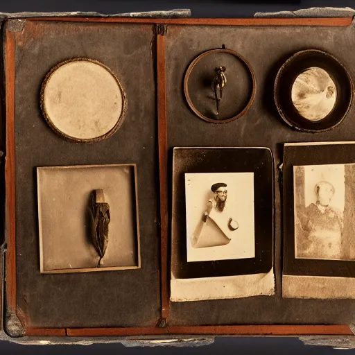 Image similar to Tintype photograph of primitive objects displayed in an ethnographic museum, archive material, anthropology,in the style of Marcel Duchamp, 1920s studio lighting.