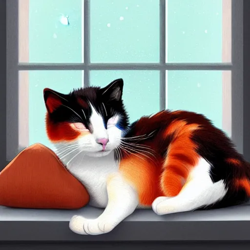 Image similar to two cute multi - colored calico cats with beautiful eyes sleeping inside a cozy home in the evening, stars shining in the night sky through the window,, artstation, cgsociety, storybook art