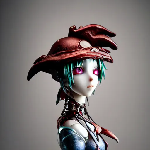 Prompt: by Yoshitaka Amano, by James Jean, by Good Smile Company, detailed resin anime sculpture of a 26yo female jester necromancer wearing a skull hat, close up dslr studio photograph, headshot, portrait, artstation, sci fi futuristic costume, mysterious temple setting, grim lighting