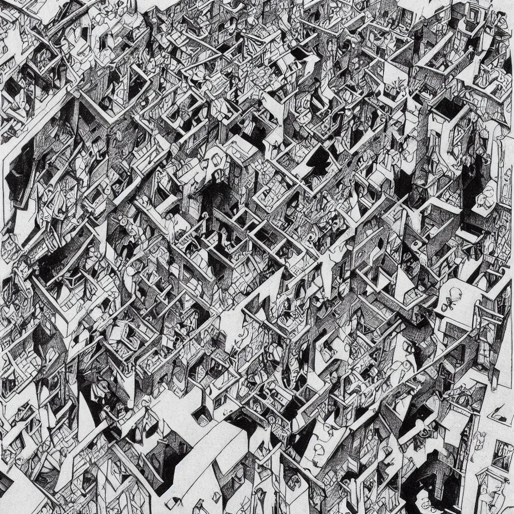 Image similar to last selfie on earth, drawed by M. C. Escher, colored by Hayao Miyazaki