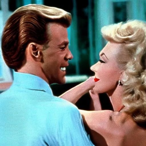 Prompt: Still of Grease (1976) with a tap dance by Fred Astaire and Ginger Rogers, cinematic, technicolor.