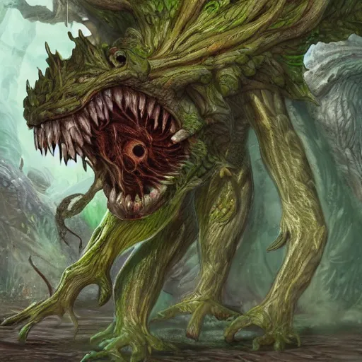 Prompt: plant with a brain and claws. D&D Monster Manual, fantasy art, extremely detailed, 8k resolution.
