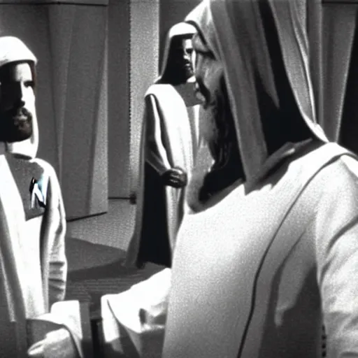 Prompt: a film still of jesus in star trek 1 9 6 6 realistic, detailed, wearing suit