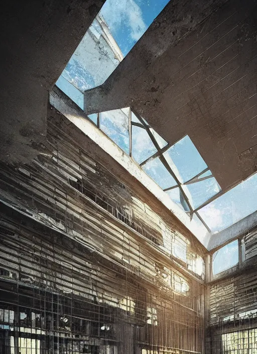 Image similar to “derelict architecture single building , the windows are broken, building designed by architect Oscar Niemeyer, architecture digest, building surrounded in a luxury environment, bright tones, fluorescent lighting,volumetric Lighting, photorealism, high detail, golden ratio, cinematic, octane renderer”