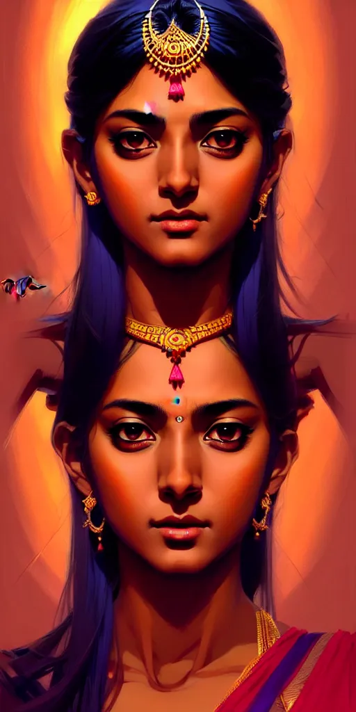 Image similar to a comic portrait of an indian goddess, fine - face, realistic shaded perfect face, fine details. night setting. very anime style. realistic shaded lighting poster by ilya kuvshinov katsuhiro, magali villeneuve, artgerm, jeremy lipkin and michael garmash, rob rey and kentaro miura style, trending on art station