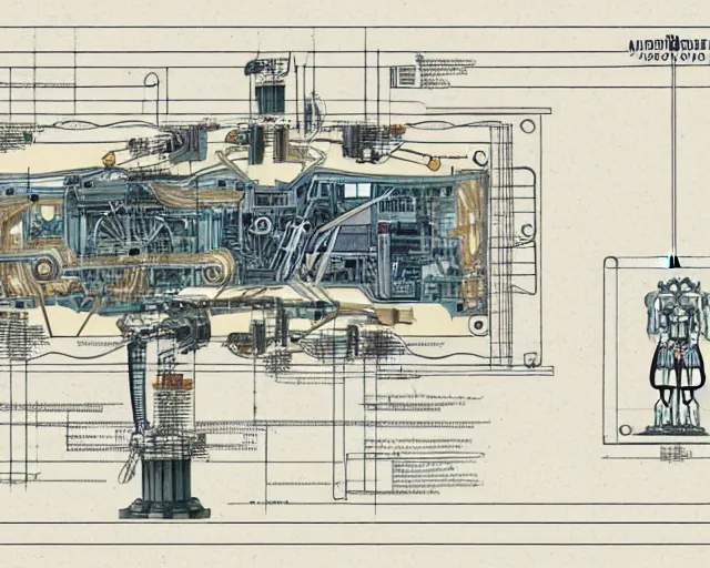 Prompt: a full page of a mechanical blueprint showing a cutaway design for a mechanized woman robot, muted colors, post grunge, studio ghibli, hq,