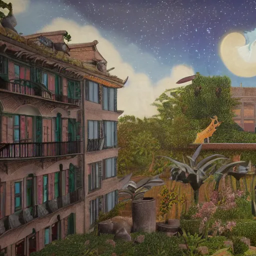 Image similar to fresco on a building, with dragon and falling stars, dark faded colors, in style of henri rousseau, highly detailed, unreal engine, photorealism