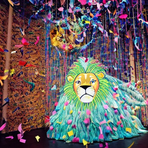 Image similar to long shot lion chasing the dream in the magical forest, lion fur made from party ribbons floating party confetti and balloons , concept art, huge scale, high details, intricate by Dali and James Jean