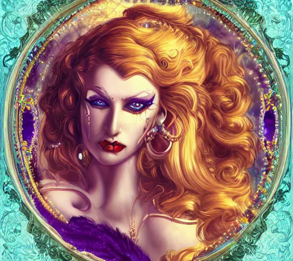 Image similar to beautiful female character inspired by new orleans mardi gras and rococo vampire bounty hunter | | digital artwork made by greg rutswork, anna dittmann and lois van barlee, symmetrical rim light, anatomically correct