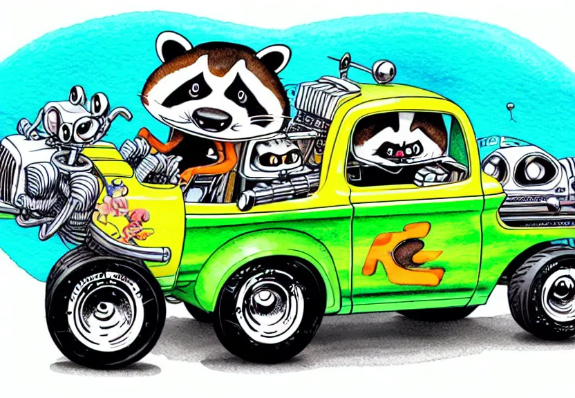 Image similar to cute and funny, racoon riding in a tiny hot rod truck with ( very ) oversized engine, ratfink style by ed roth, centered award winning watercolor pen illustration, isometric illustration by chihiro iwasaki, edited by range murata