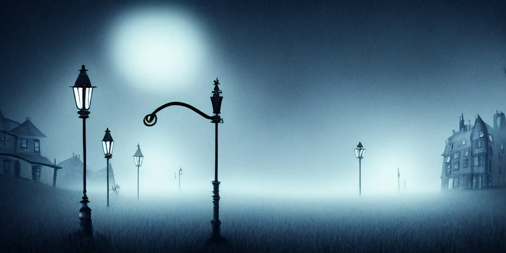 Image similar to curved perspective epic illustration of night city with curly victorian street lamp in a foggy field hilly ground from tim burton nightmare before christmas