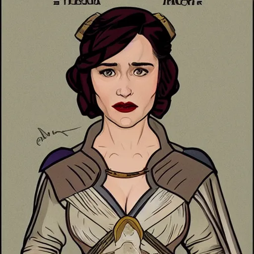 Prompt: emilia clarke as qi'ra, mucha style,