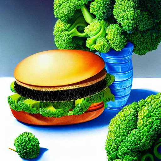 Image similar to a cat eats a multilayer vegetarian broccoli burger, highly detailed, digital painting, sharp focus, fantasy art