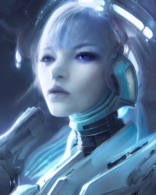 Image similar to perfect android girl on a mothership, warframe armor, beautiful face, scifi, futuristic, galaxy, nebula, raytracing, dreamy, long white hair, blue cyborg eyes, sharp focus, cinematic lighting, highly detailed, artstation, divine, by gauthier leblanc, kazuya takahashi, huifeng huang