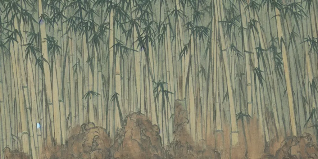 Prompt: a 1 9 6 0 s han dynasty bamboo forest landscape painting