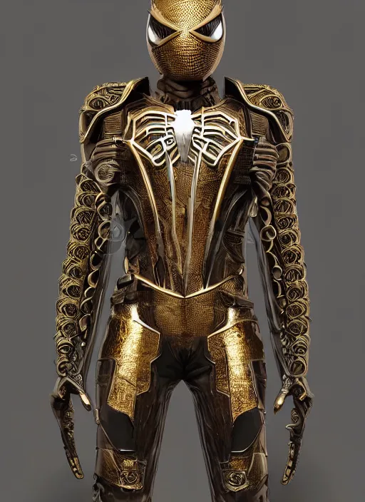 Image similar to hyper realistic glorious ancient celtic spiderman in a obsidian metal armor, futuristic design, designed by makoto kobayashi and luca zampriolo, portrait, cyberpunk style, wood and gold details, intricate, extremely detailed, ornate, deep of field, hard surface, exoskeleton, substance designer metal unreal engine. amazing likeness. very detailed.