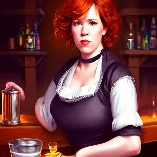 Prompt: a portrait digital painting of molly ringwald as a medieval bar maid in a tavern at night. painted by artgerm, ross tran.