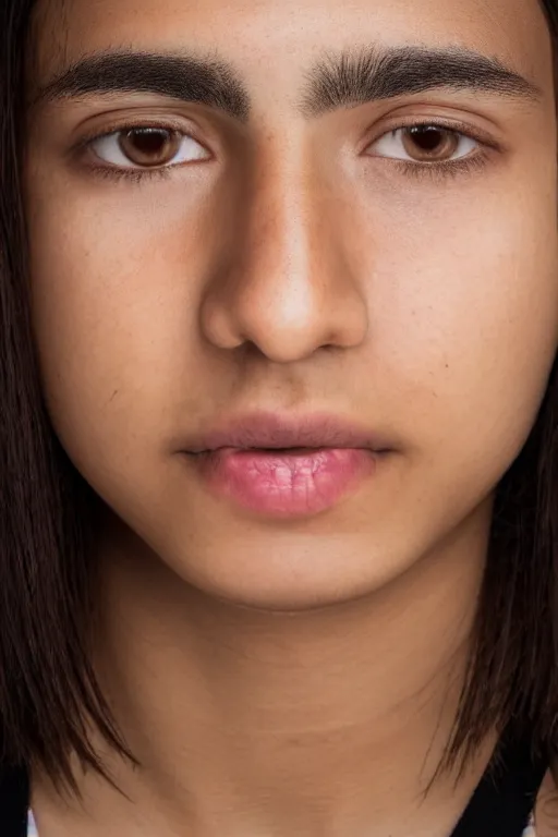 Prompt: close up headshot of an androgynous Hispanic teen with medium length slightly wavy black hair a wide smile brown eyes a small nose tidy plucked eyebrows dark brown eyes and a diamond shaped face, high resolution film still, 8k, gazing dark brown eyes, HDR color