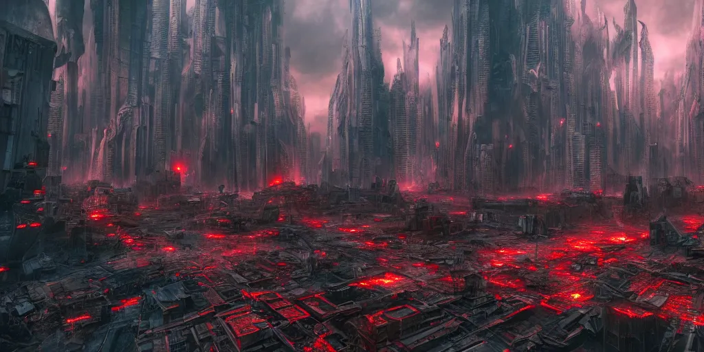 Image similar to futuristic city halfway overtaken by the red rot disease, crumbling buildings turning into flesh, unreal octane render, digital art, highly detailed, epic composition, nice contrast, 4 k, trending on artstation