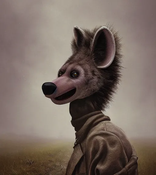 Image similar to foggy dirt road portrait of furry anthro anthropomorphic spotted hyena head animal person fursona wearing clothes horror gloomy digital art photo by Greg Rutkowski, Simon Stalenhag, christopher nolan trending on Artstation, CGSociety