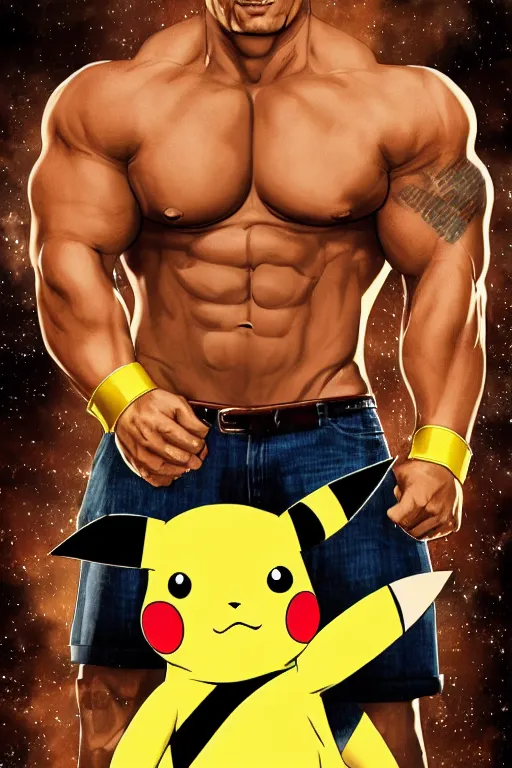 Image similar to Breathtaking comic book style of Pikachu with the body of Dwayne Johnson, high quality, 8k, very detailed