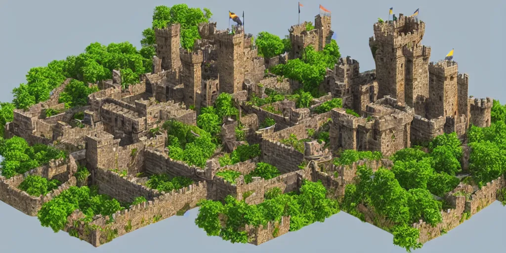 Image similar to medieval castle in a jungle with towers and moat, 3 d, isometric, poly detail