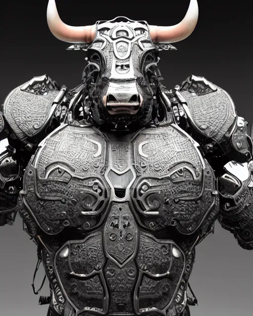 Image similar to a full body shot of an imposing cyborg bull modeled after a bull looking into the camera, contrast lighting, black skin!!!, intricate pattern, hard rubber chest, highly detailed, android, cyborg, full body shot, intricate, 3 d, symmetrical, octane render, fantasy, highly detailed, digital art, artstation, strong bokeh, black face